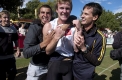 Gift winner Matthew Wiltshire is hugged by his coach Peter O'Dwyer (right) after his win.